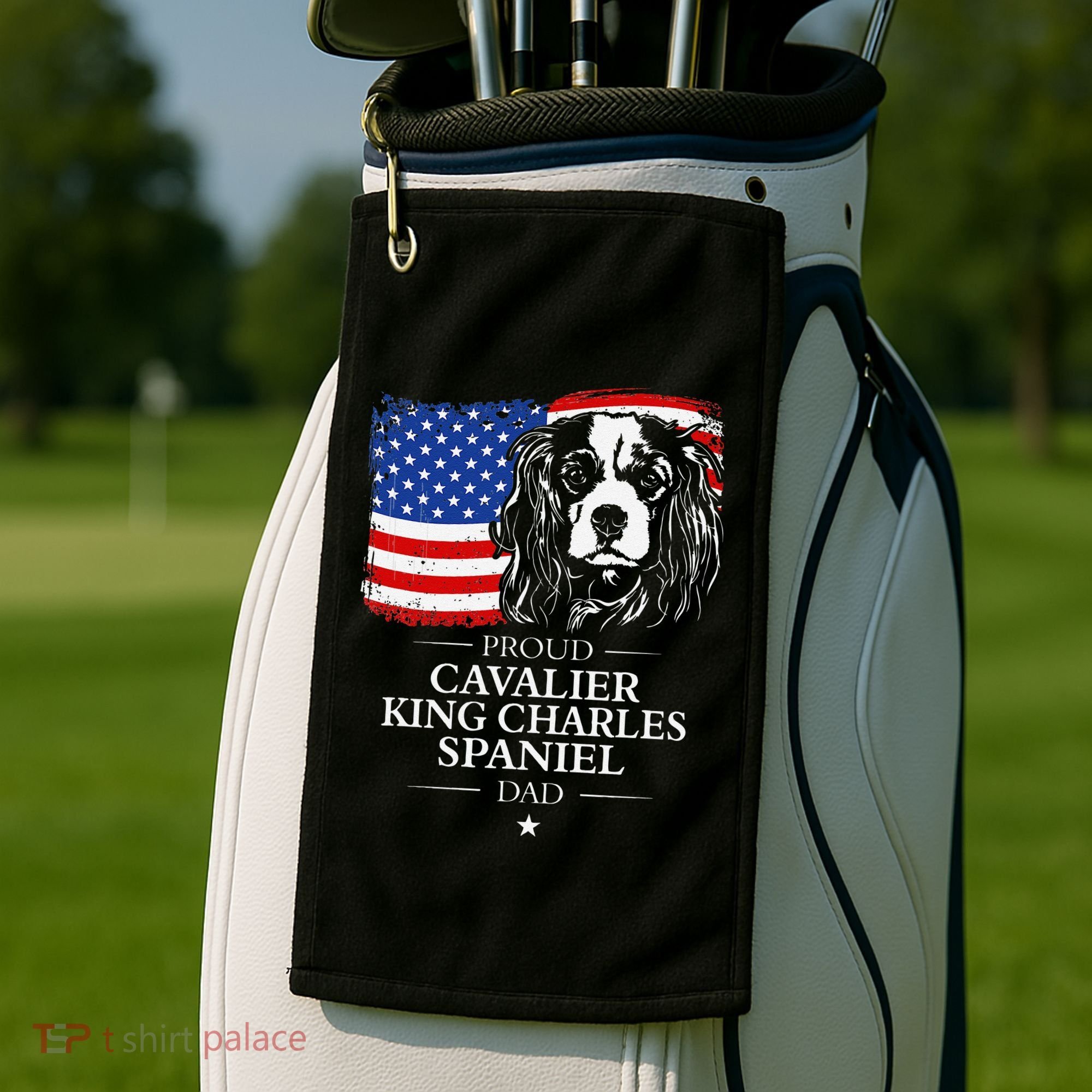 Proud Cavalier King Charles Spaniel Dad American Flag Dog Golf Towel