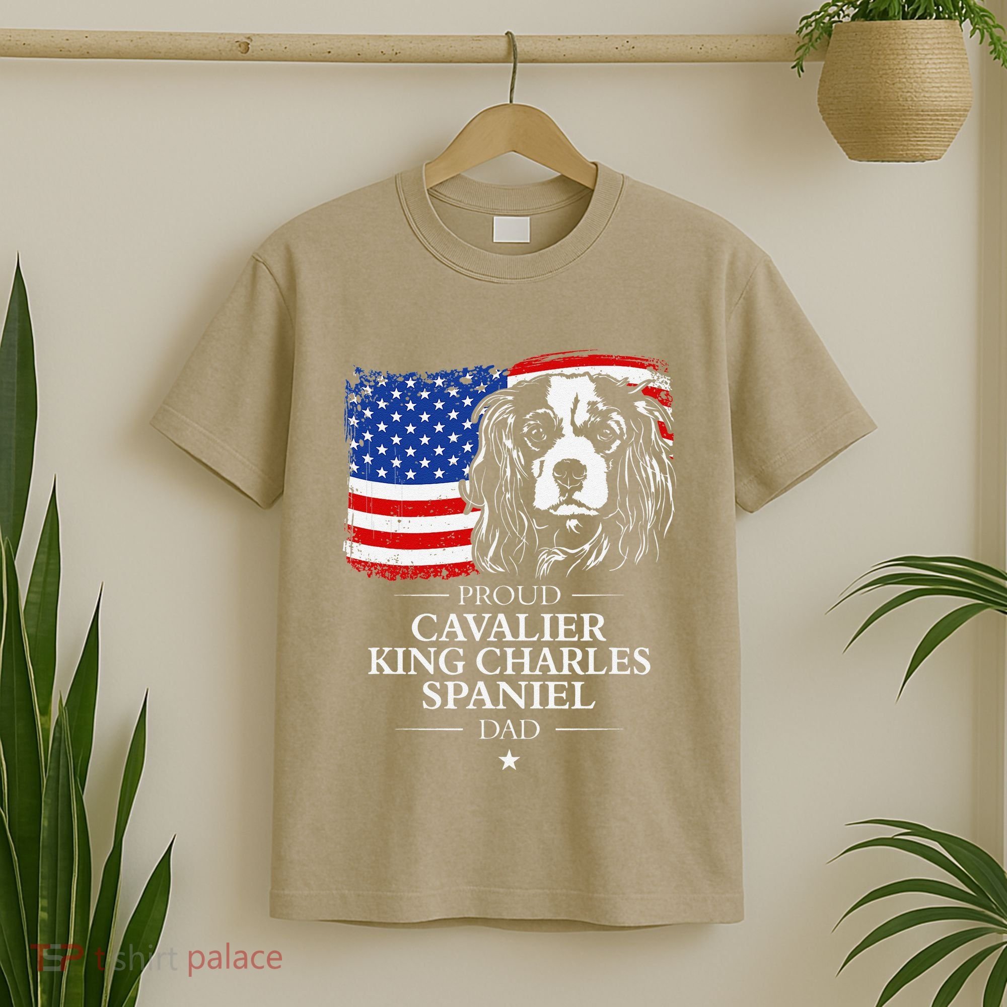 Proud Cavalier King Charles Spaniel Dad American Flag Dog T-Shirt