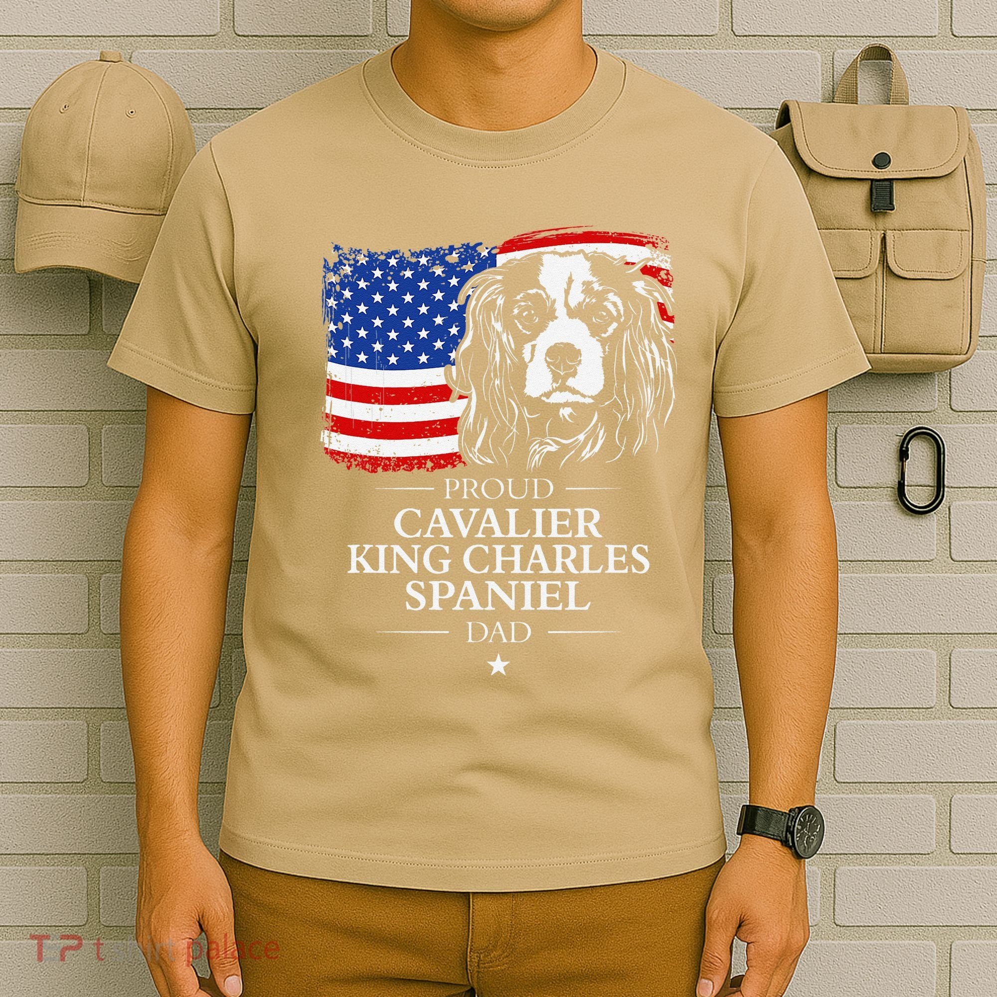 Proud Cavalier King Charles Spaniel Dad American Flag Dog T-Shirt
