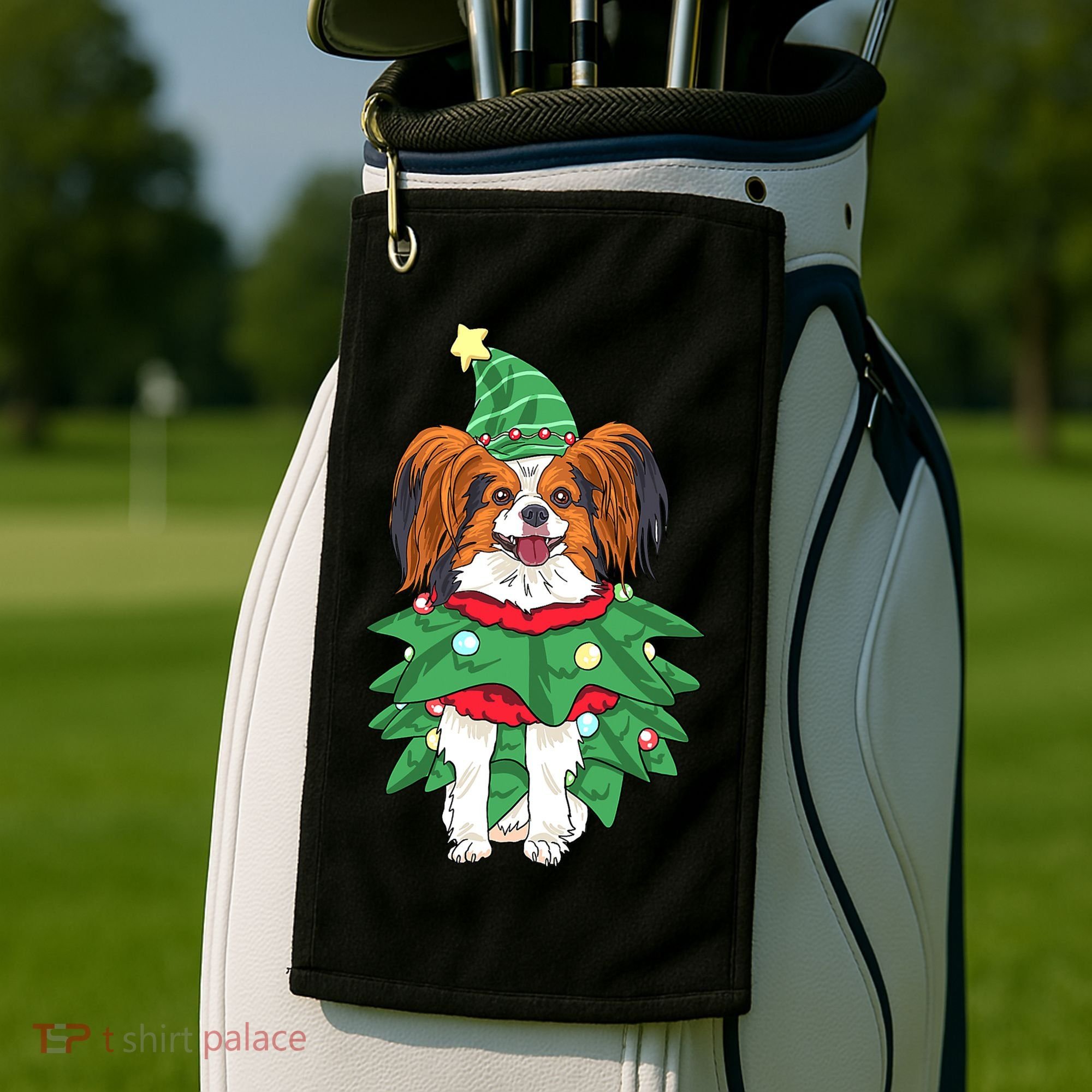 Papillon Christmas Lights Funny Xmas Dog Lover Pajama Golf Towel