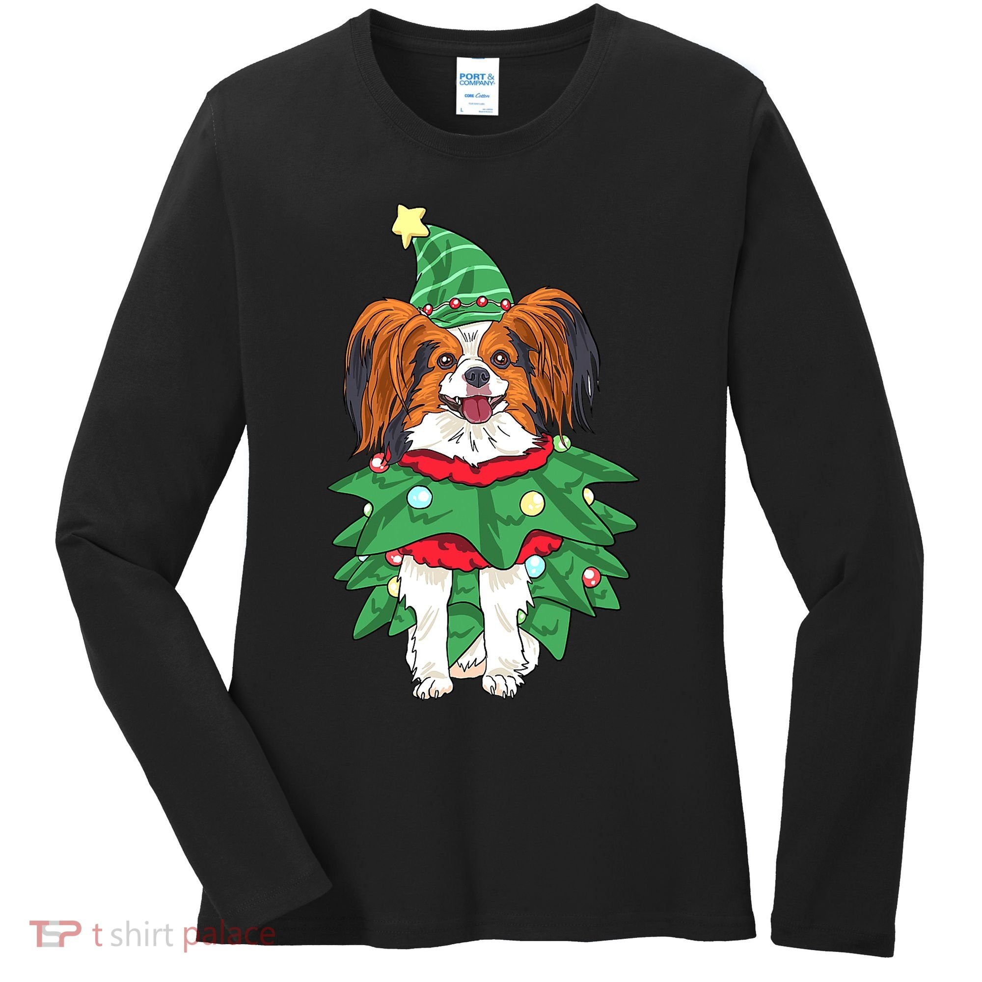 Papillon Christmas Lights Funny Xmas Dog Lover Pajama Women's Long Sleeve Shirt