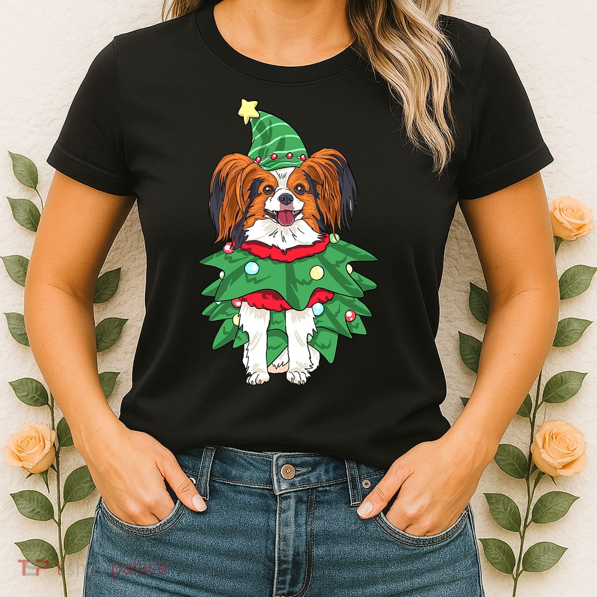 Papillon Christmas Lights Funny Xmas Dog Lover Pajama Women's T-Shirt