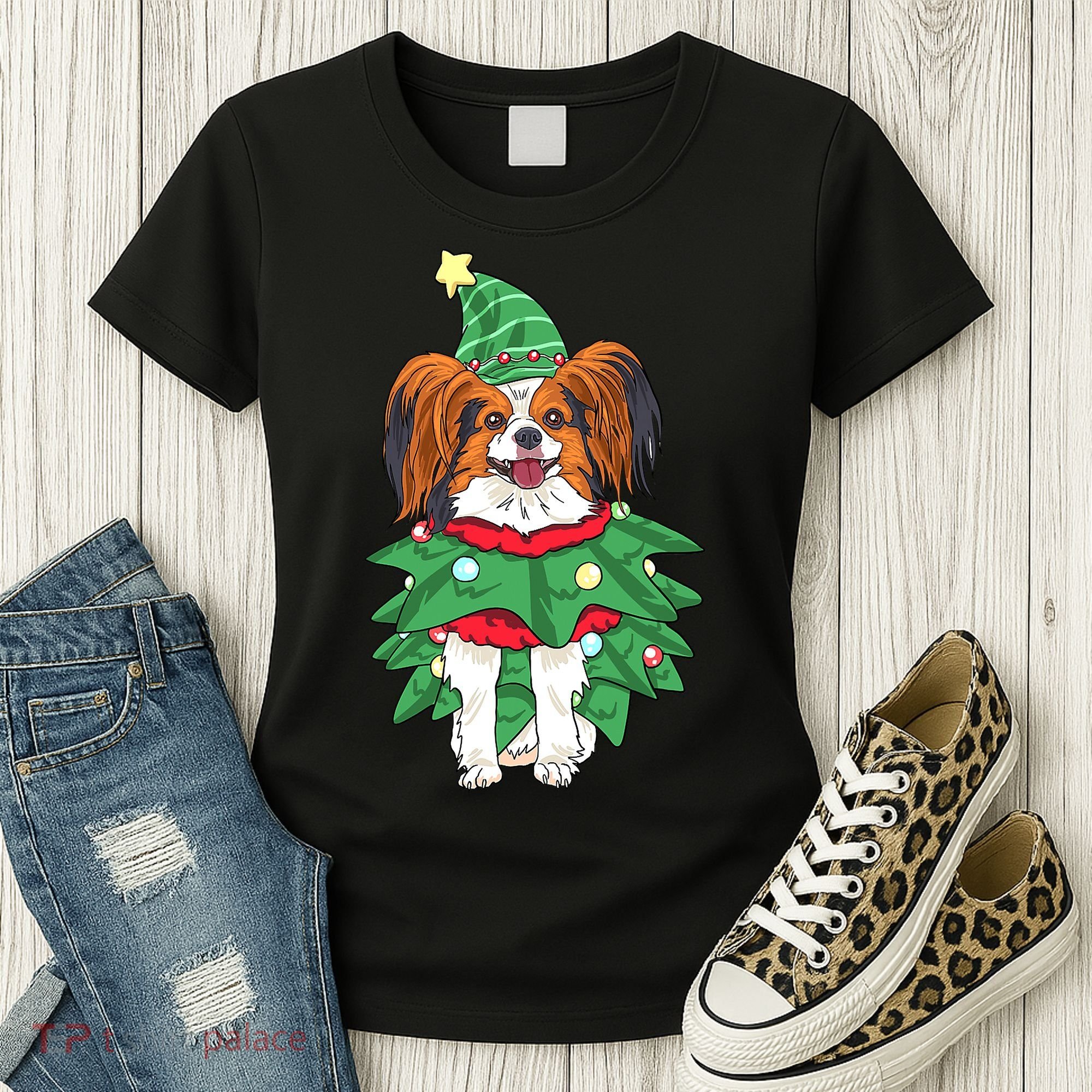 Papillon Christmas Lights Funny Xmas Dog Lover Pajama Women's T-Shirt