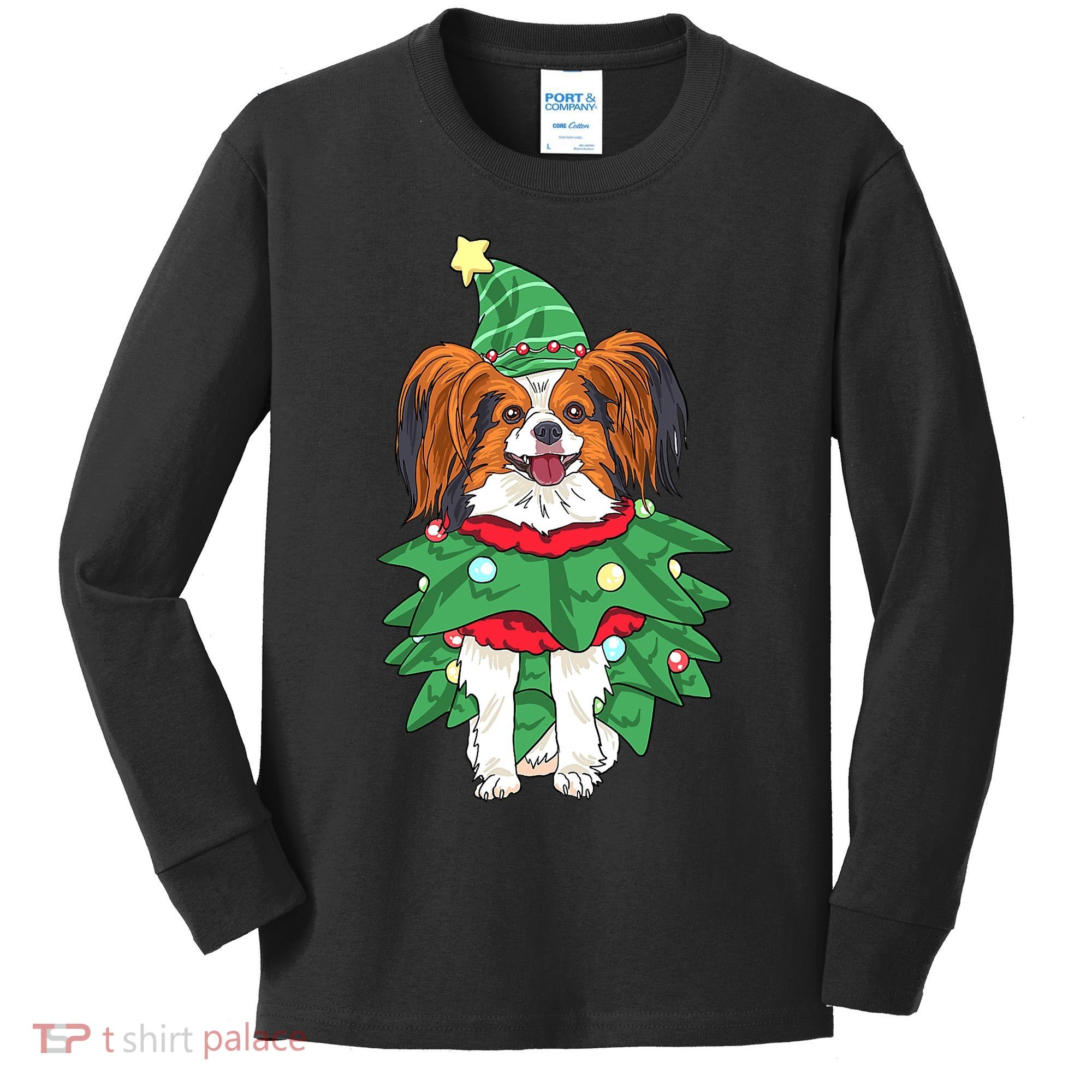 Papillon Christmas Lights Funny Xmas Dog Lover Pajama Kids Long Sleeve Shirt