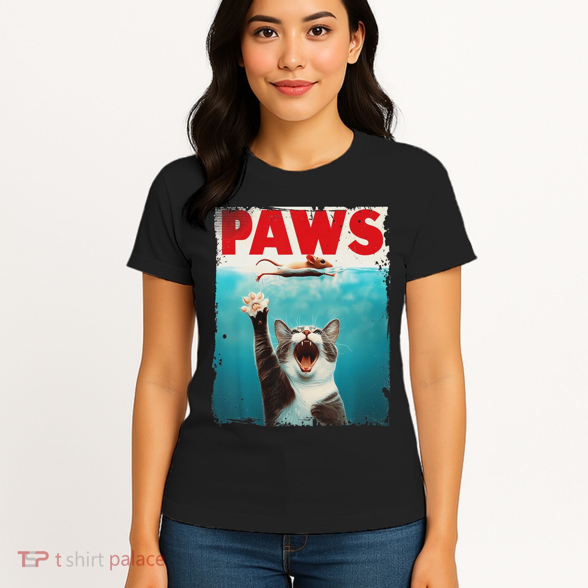 Paws Cat Mouse Parody Cat Shark Chasing Mouse Kitten Women's T-Shirt