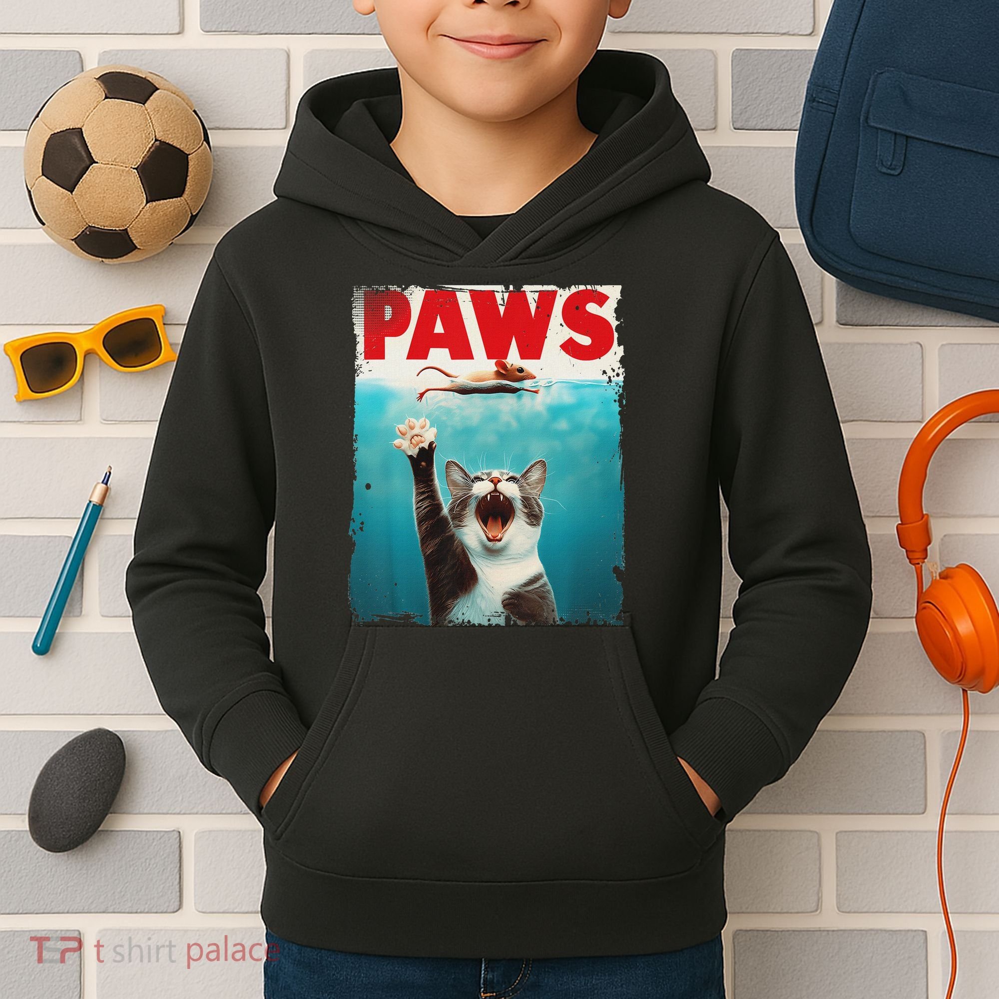 Paws Cat Mouse Parody Cat Shark Chasing Mouse Kitten Kids Hoodie