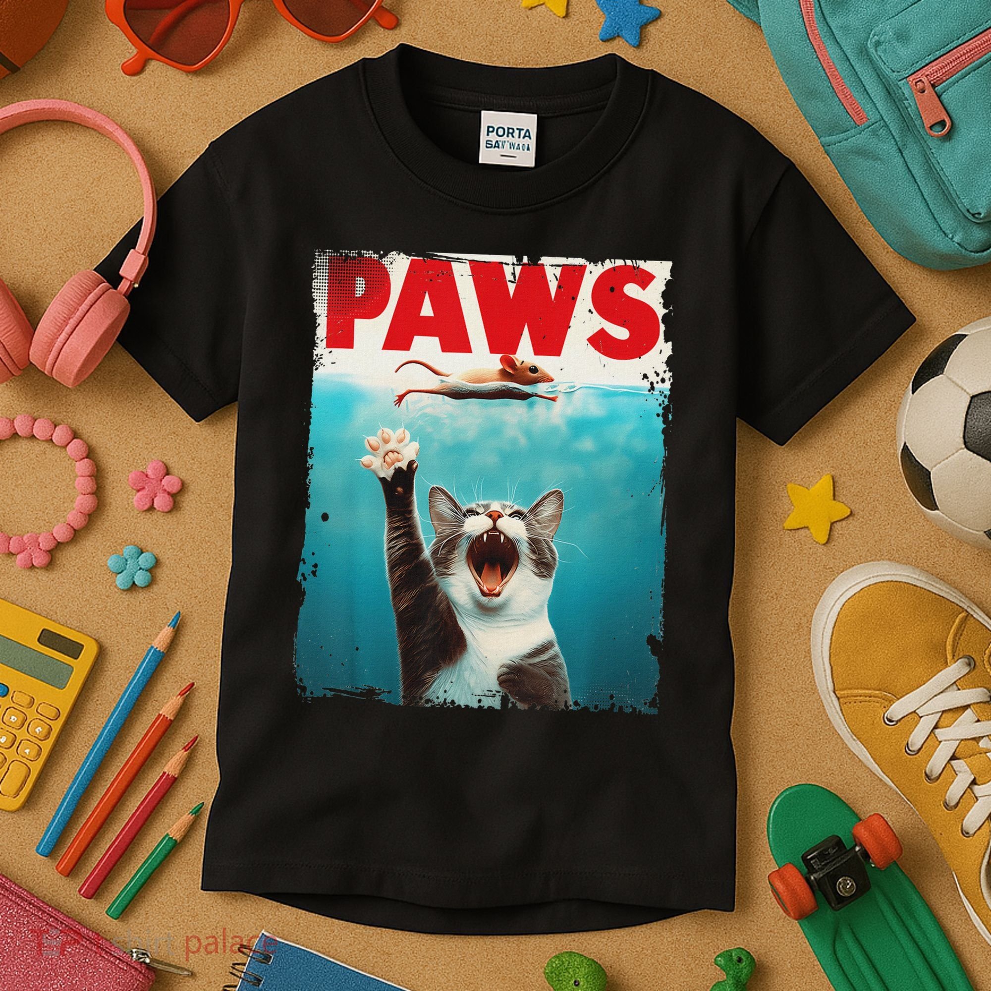Paws Cat Mouse Parody Cat Shark Chasing Mouse Kitten Kids T-Shirt