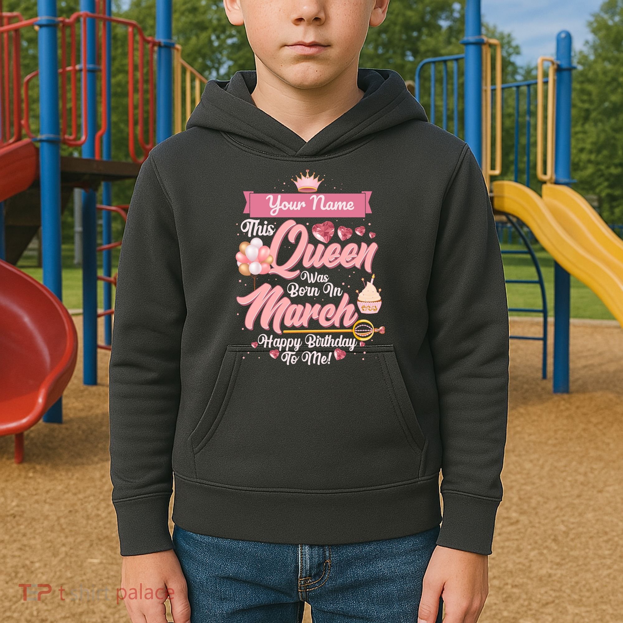 Personalized Custom Name This Queen Was Born In March Happy Birthday To Me Kids Hoodie