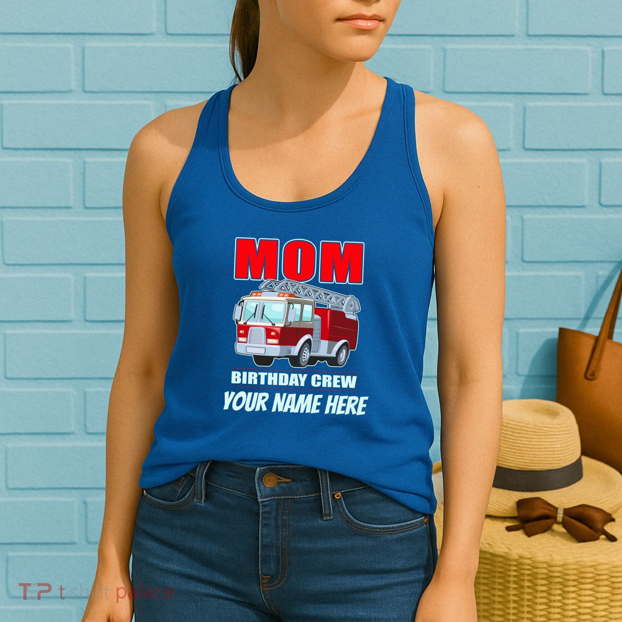 Personalized Custom Name Cute Funny Mom Birthday Crew Firetruck Women's Tank Top