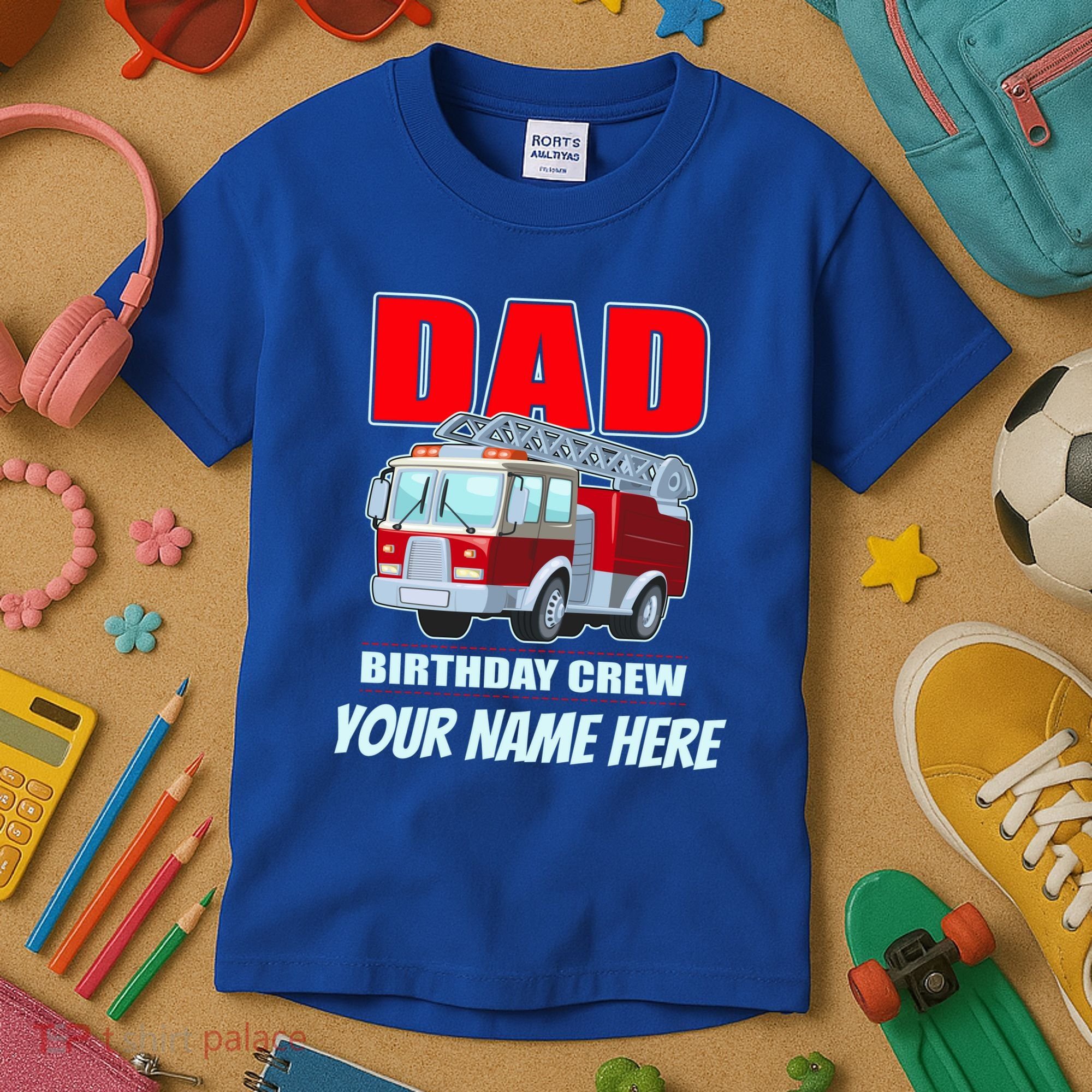 Personalized Custom Name Dad Funny Birthday Crew Firetruck Kids T-Shirt