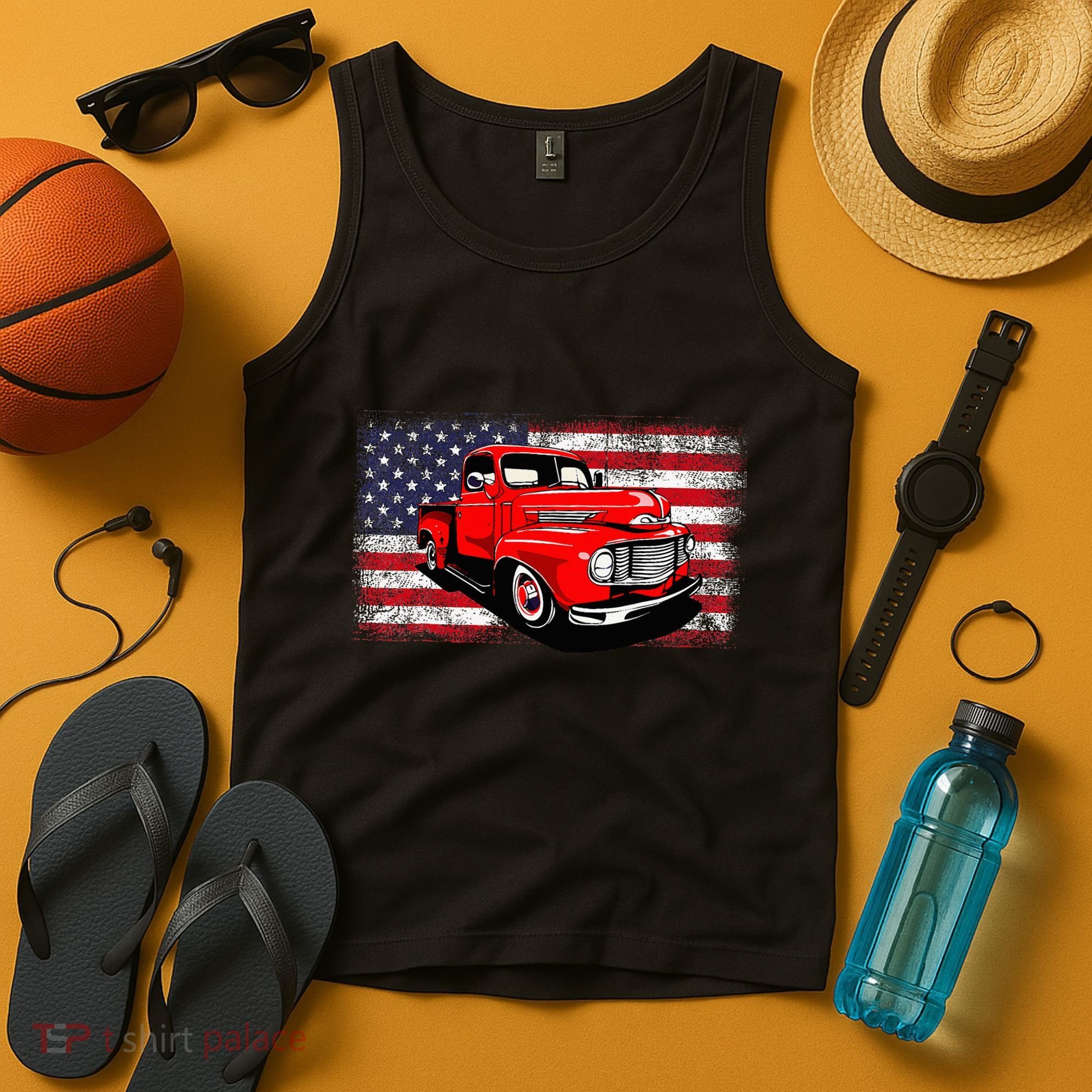 Patriotic Classic Old Pickup Truck American Flag Tank Top