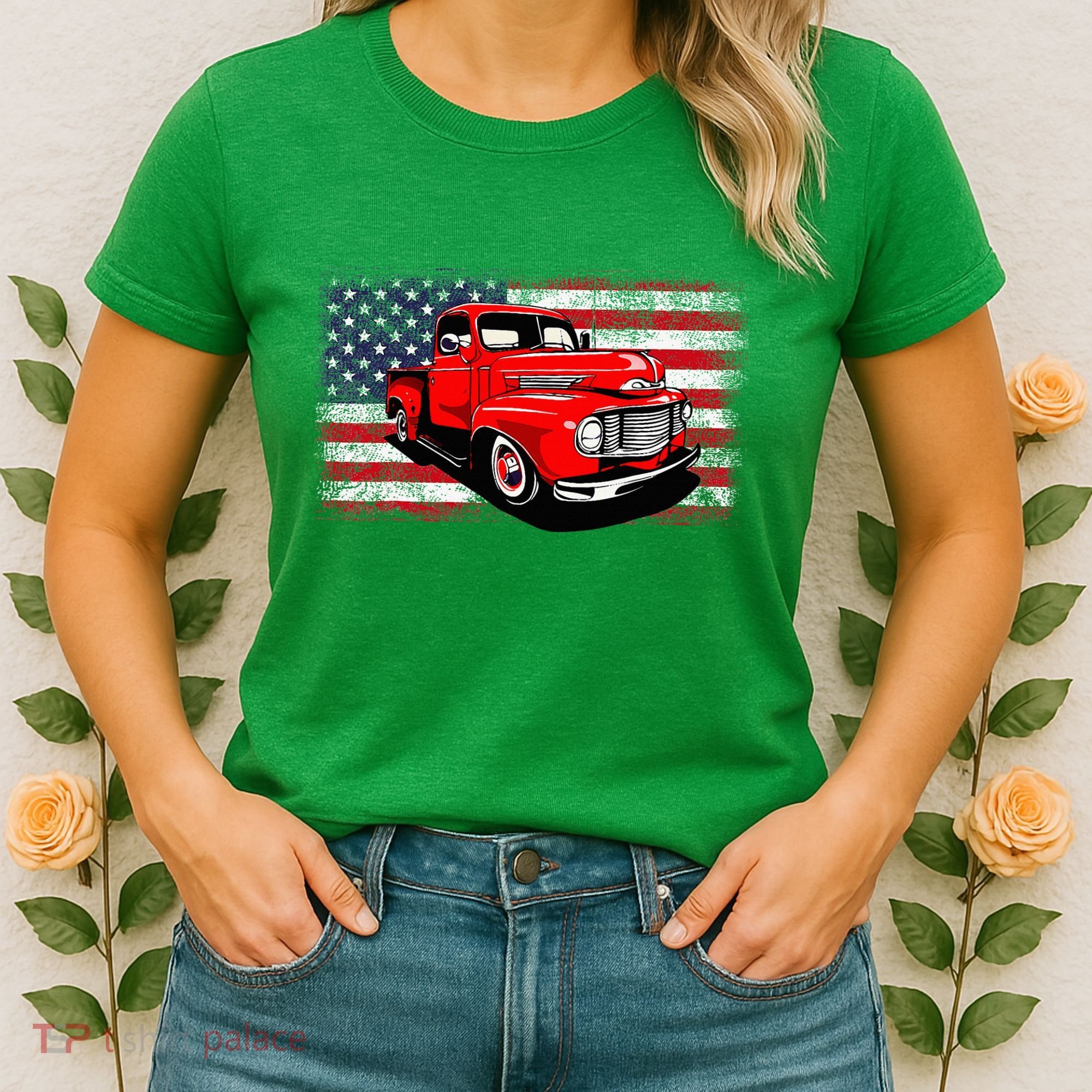 Patriotic Classic Old Pickup Truck American Flag Women's T-Shirt