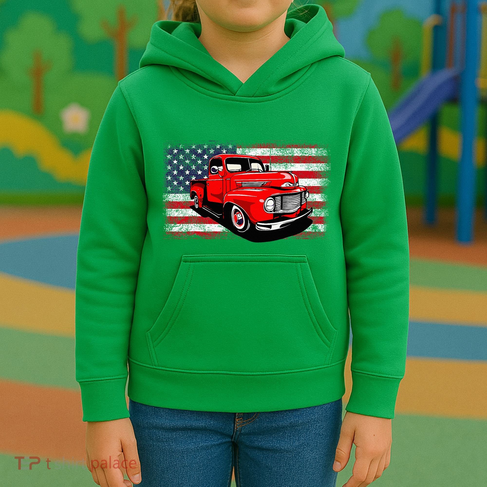 Patriotic Classic Old Pickup Truck American Flag Kids Hoodie