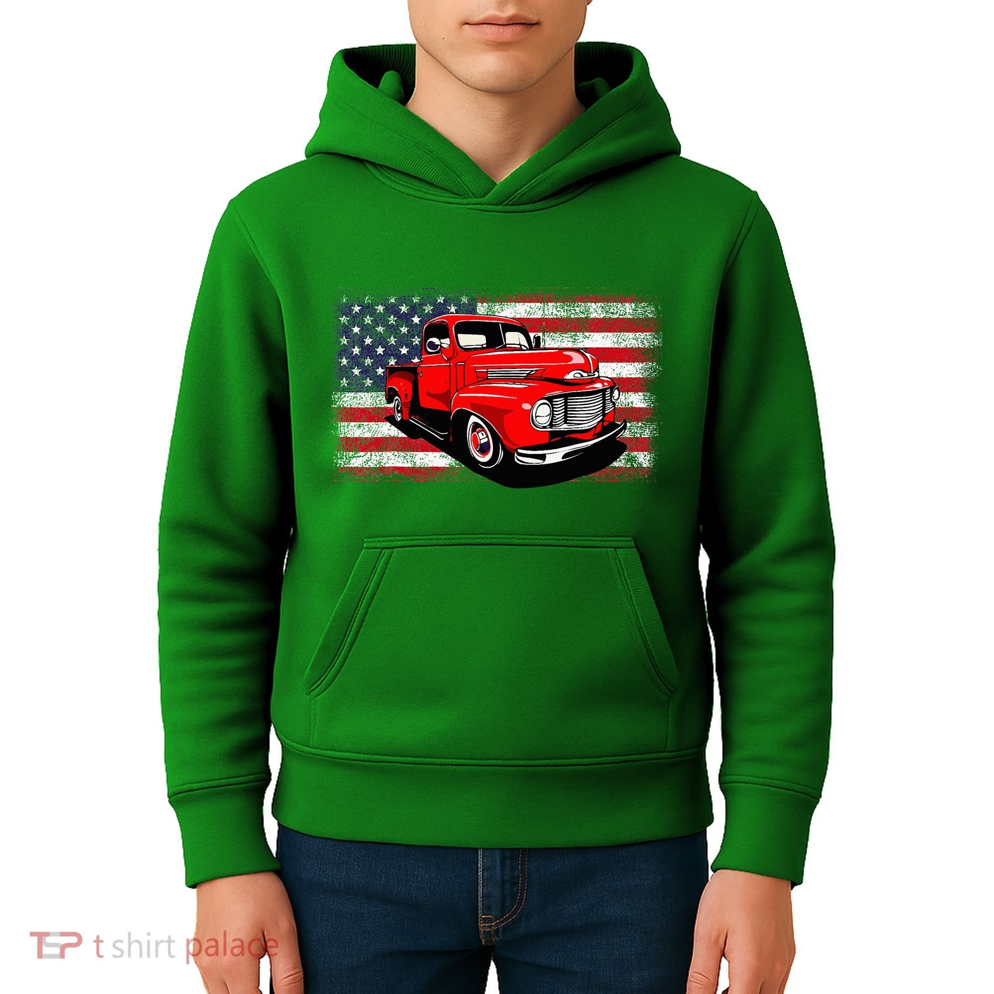 Patriotic Classic Old Pickup Truck American Flag Kids Hoodie