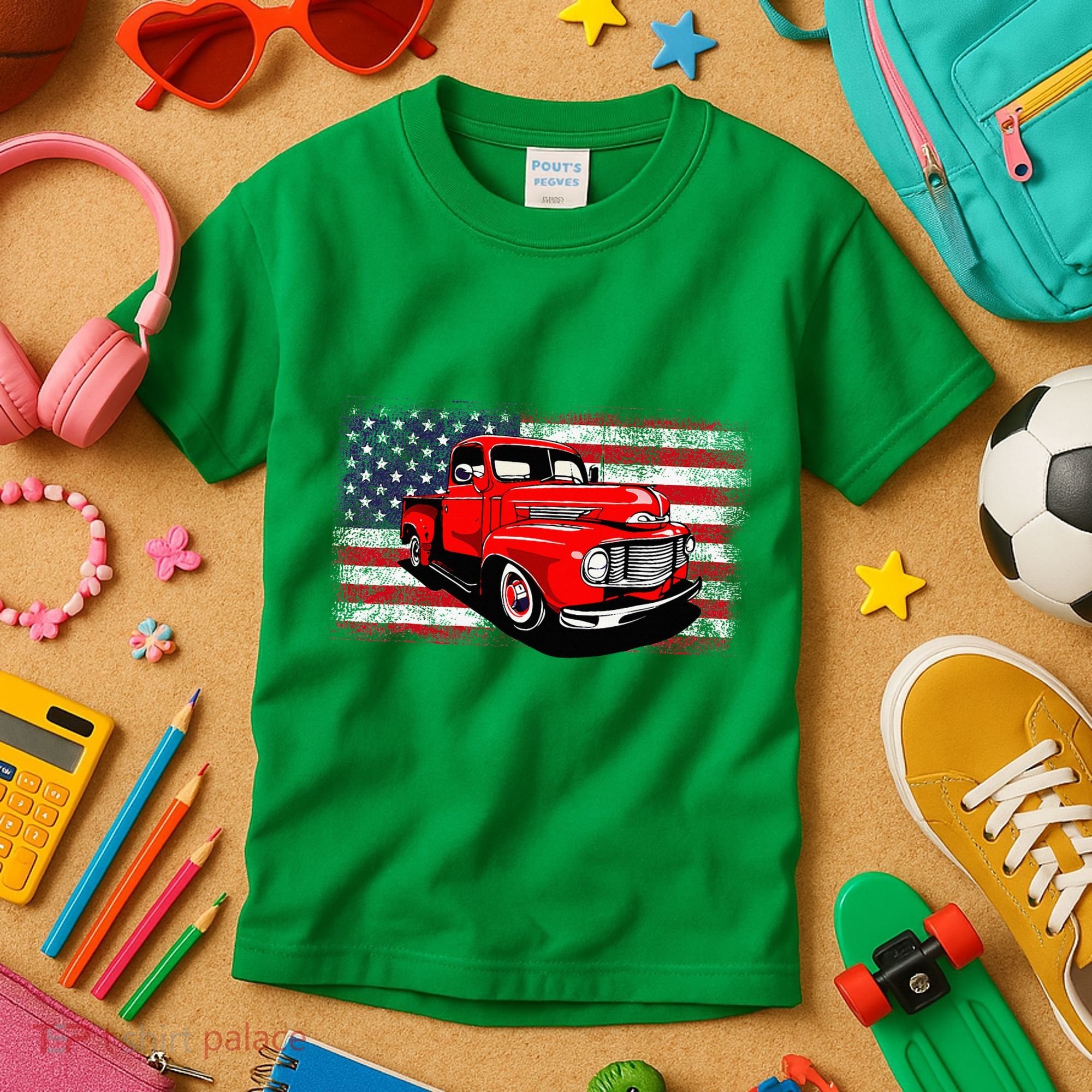 Patriotic Classic Old Pickup Truck American Flag Kids T-Shirt