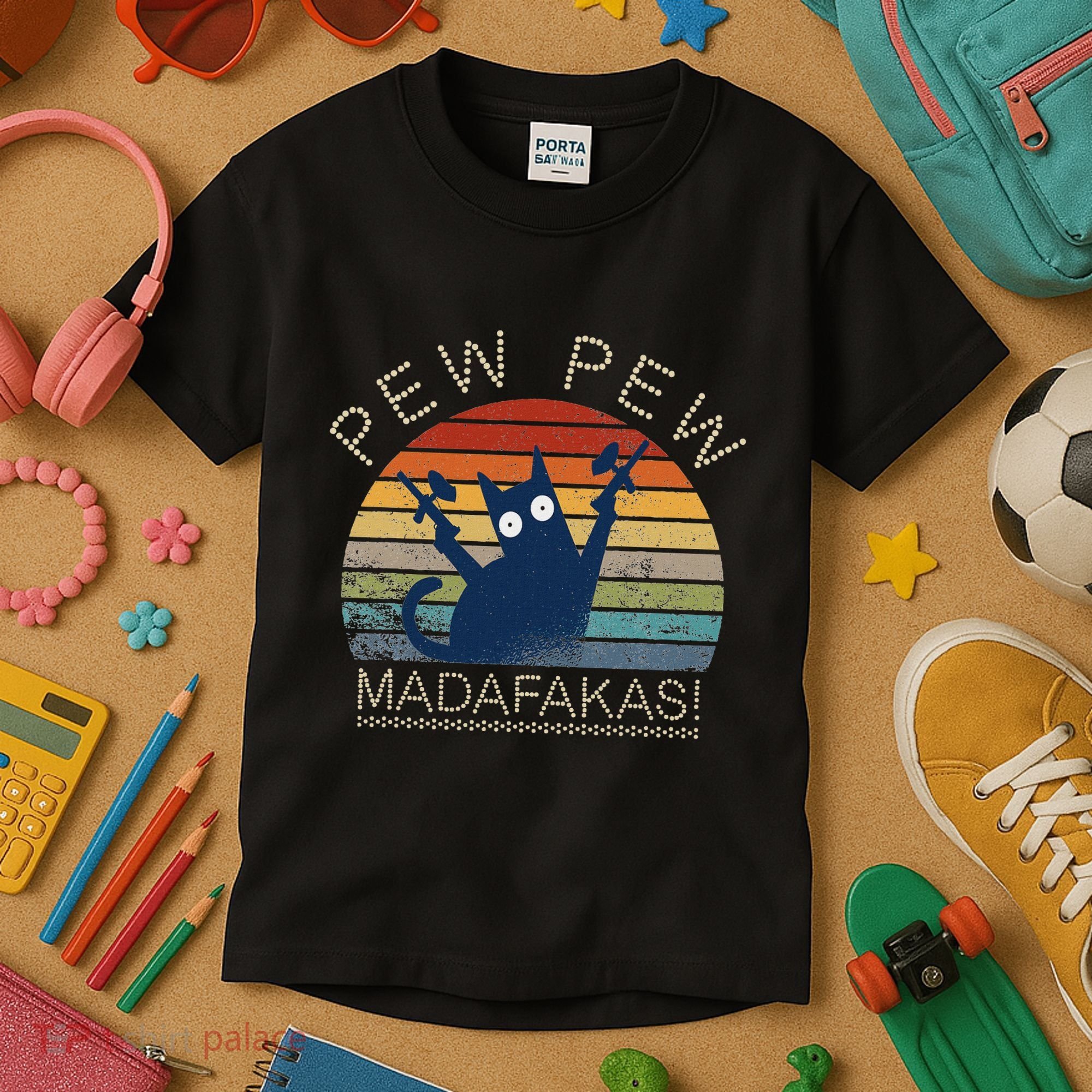 Paintball Cat Pew Pew Madafakas Crazy Cat Funny Paintball Kids T-Shirt