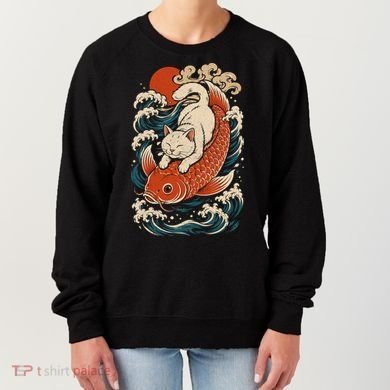 Playful Cat Riding a Koi Fish in Waves Women's Sweatshirt