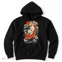 Playful Cat Riding a Koi Fish in Waves Hoodie thumb 0