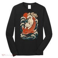 Playful Cat Riding a Koi Fish in Waves Long Sleeve Shirt thumb 0
