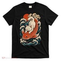 Playful Cat Riding a Koi Fish in Waves T-Shirt thumb 0
