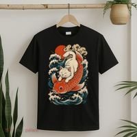 Playful Cat Riding a Koi Fish in Waves T-Shirt thumb 2
