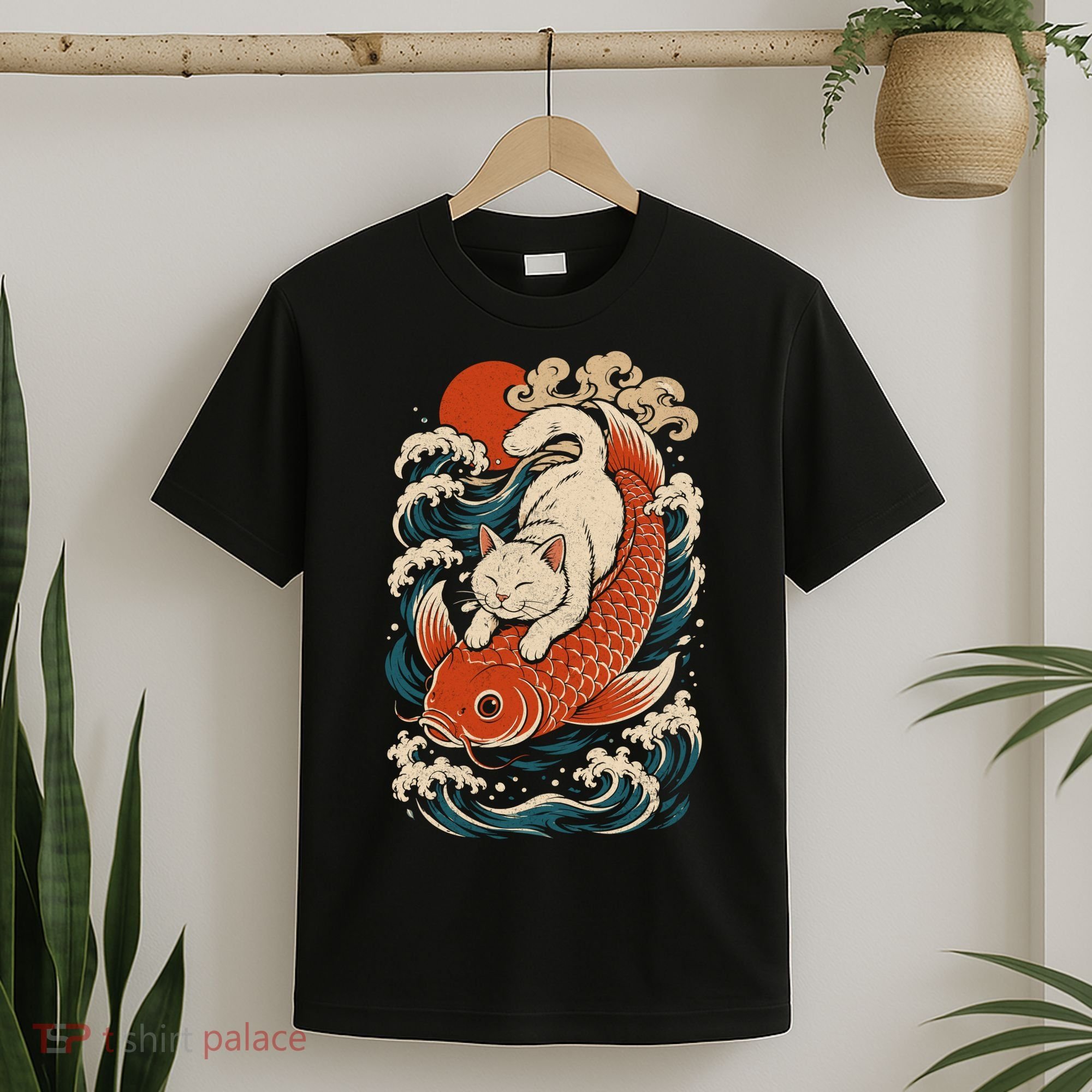 Playful Cat Riding a Koi Fish in Waves T-Shirt