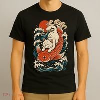 Playful Cat Riding a Koi Fish in Waves T-Shirt thumb 3