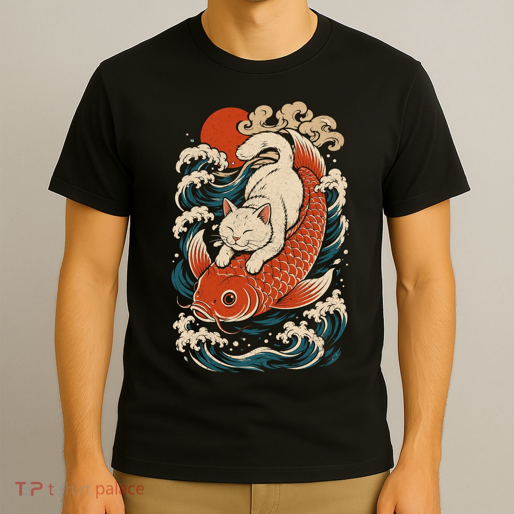 Playful Cat Riding a Koi Fish in Waves T-Shirt