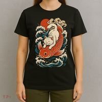 Playful Cat Riding a Koi Fish in Waves T-Shirt thumb 4