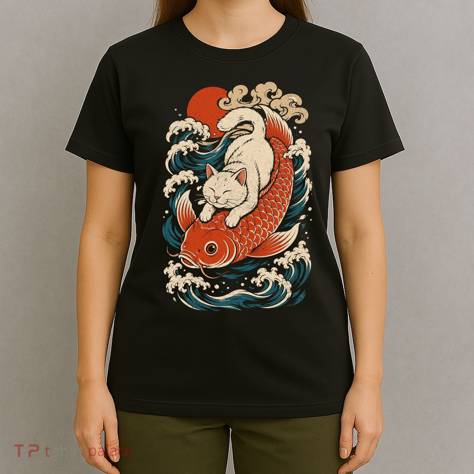 Playful Cat Riding a Koi Fish in Waves T-Shirt