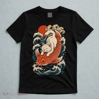 Playful Cat Riding a Koi Fish in Waves T-Shirt thumb 5
