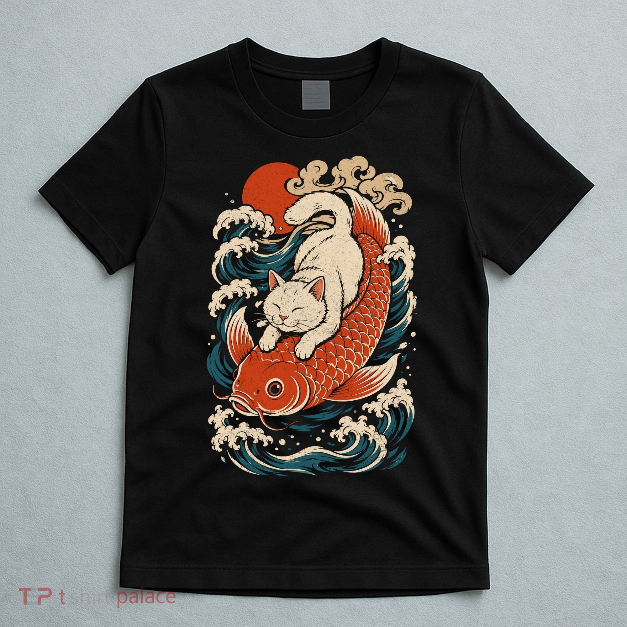 Playful Cat Riding a Koi Fish in Waves T-Shirt