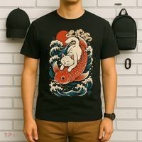 Playful Cat Riding a Koi Fish in Waves T-Shirt thumb 6
