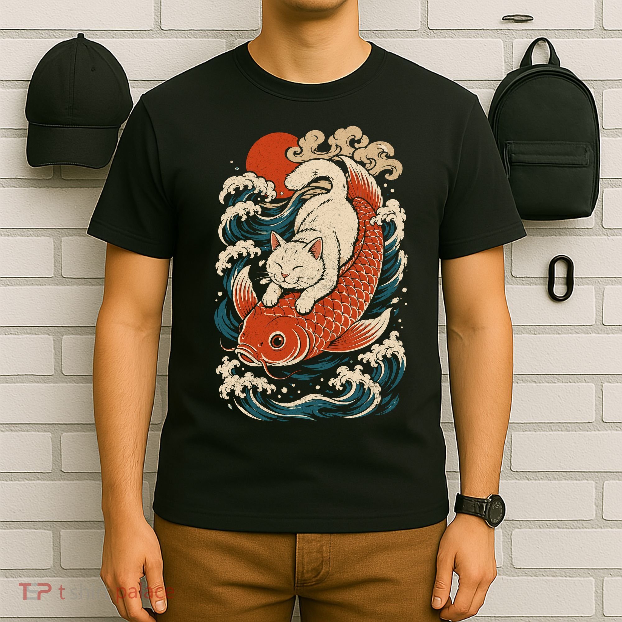 Playful Cat Riding a Koi Fish in Waves T-Shirt