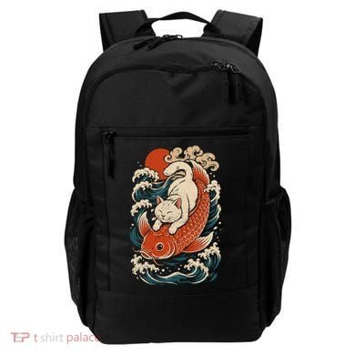 Playful Cat Riding a Koi Fish in Waves Backpack