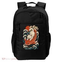 Playful Cat Riding a Koi Fish in Waves Backpack thumb 0