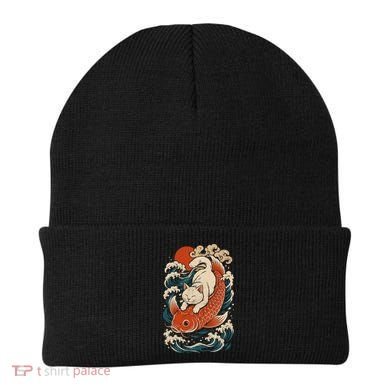 Playful Cat Riding a Koi Fish in Waves Beanie