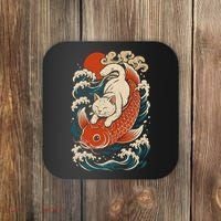 Playful Cat Riding a Koi Fish in Waves Coaster thumb 0