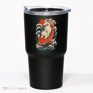 Playful Cat Riding a Koi Fish in Waves Tumbler