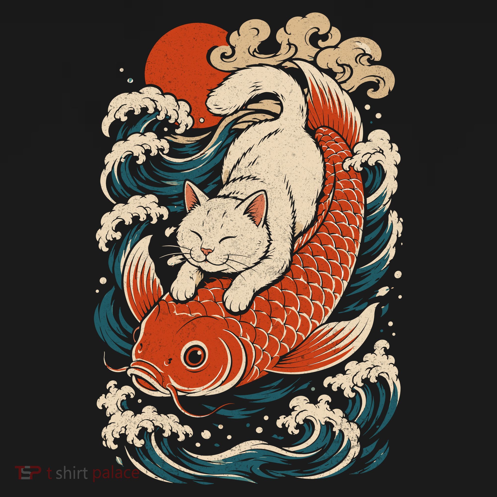 Playful Cat Riding a Koi Fish in Waves Mousepad