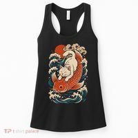 Playful Cat Riding a Koi Fish in Waves Women's Tank Top thumb 0