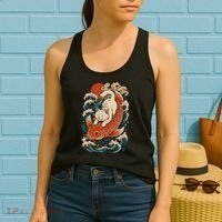 Playful Cat Riding a Koi Fish in Waves Women's Tank Top thumb 2