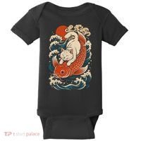 Playful Cat Riding a Koi Fish in Waves Baby Bodysuit thumb 0