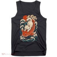Playful Cat Riding a Koi Fish in Waves Tank Top thumb 0