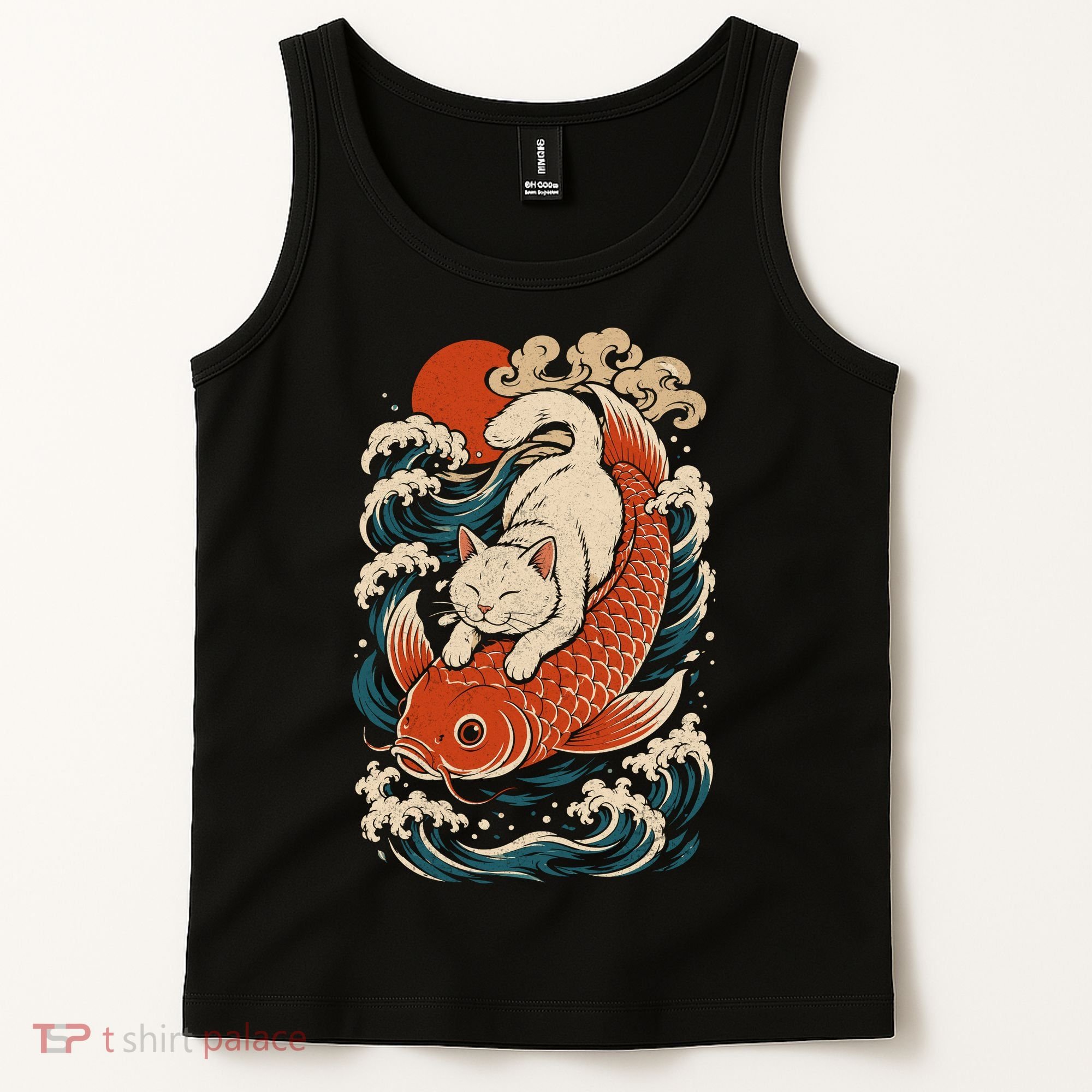Playful Cat Riding a Koi Fish in Waves Tank Top