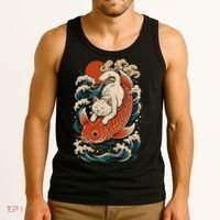 Playful Cat Riding a Koi Fish in Waves Tank Top thumb 3