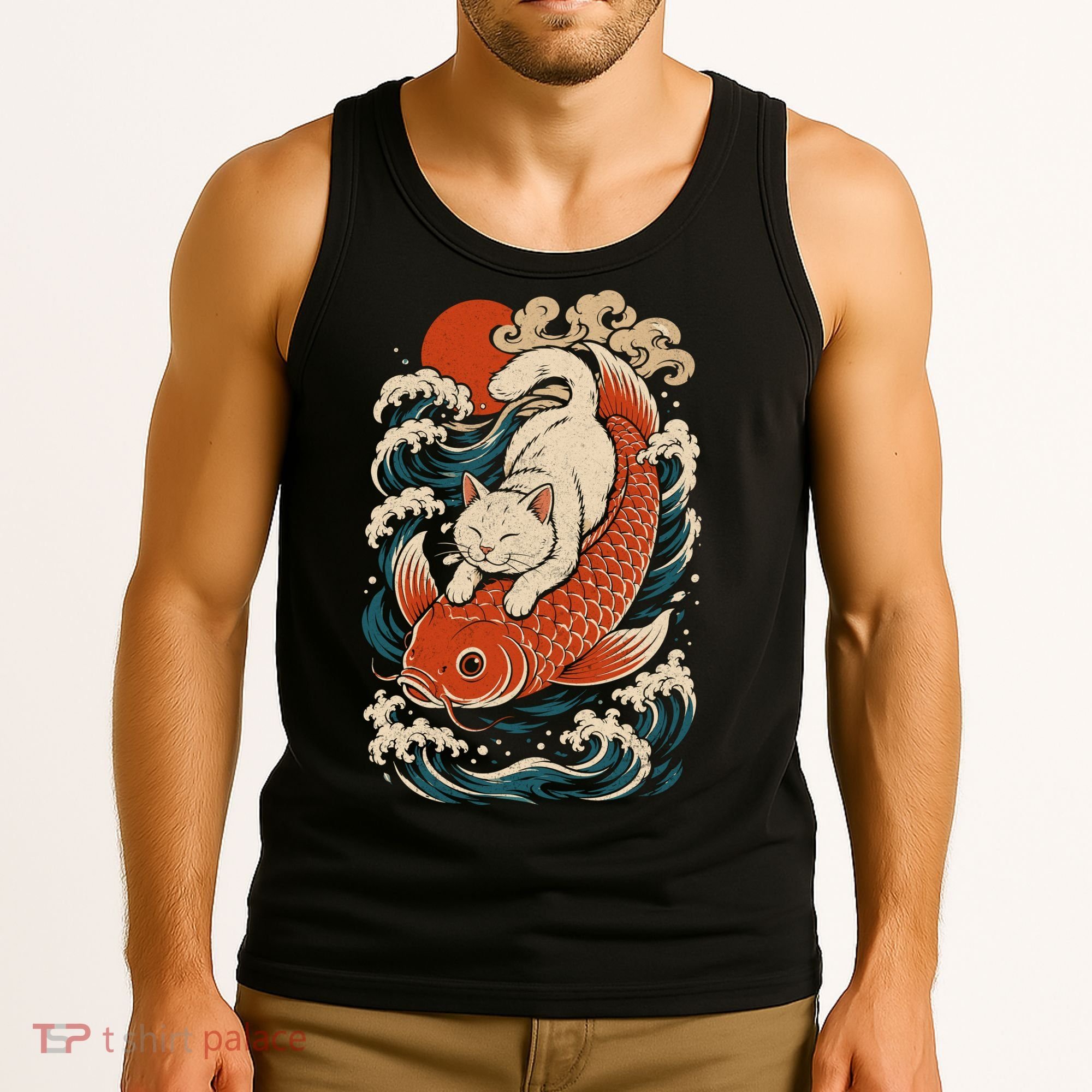 Playful Cat Riding a Koi Fish in Waves Tank Top
