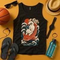 Playful Cat Riding a Koi Fish in Waves Tank Top thumb 4