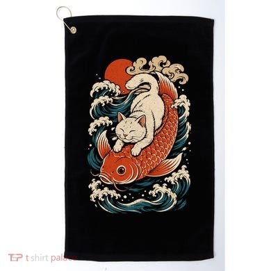 Playful Cat Riding a Koi Fish in Waves Golf Towel