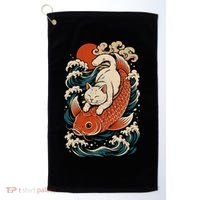 Playful Cat Riding a Koi Fish in Waves Golf Towel thumb 0